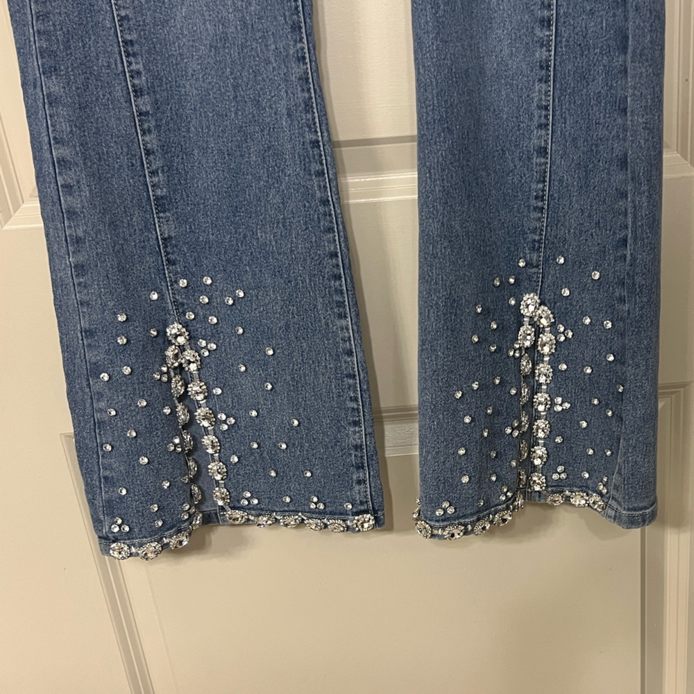 A.Z.I Blue Jewel & Rhinestone Embellished Flare Front Slit Jeans - 12 - Picture 5 of 11
